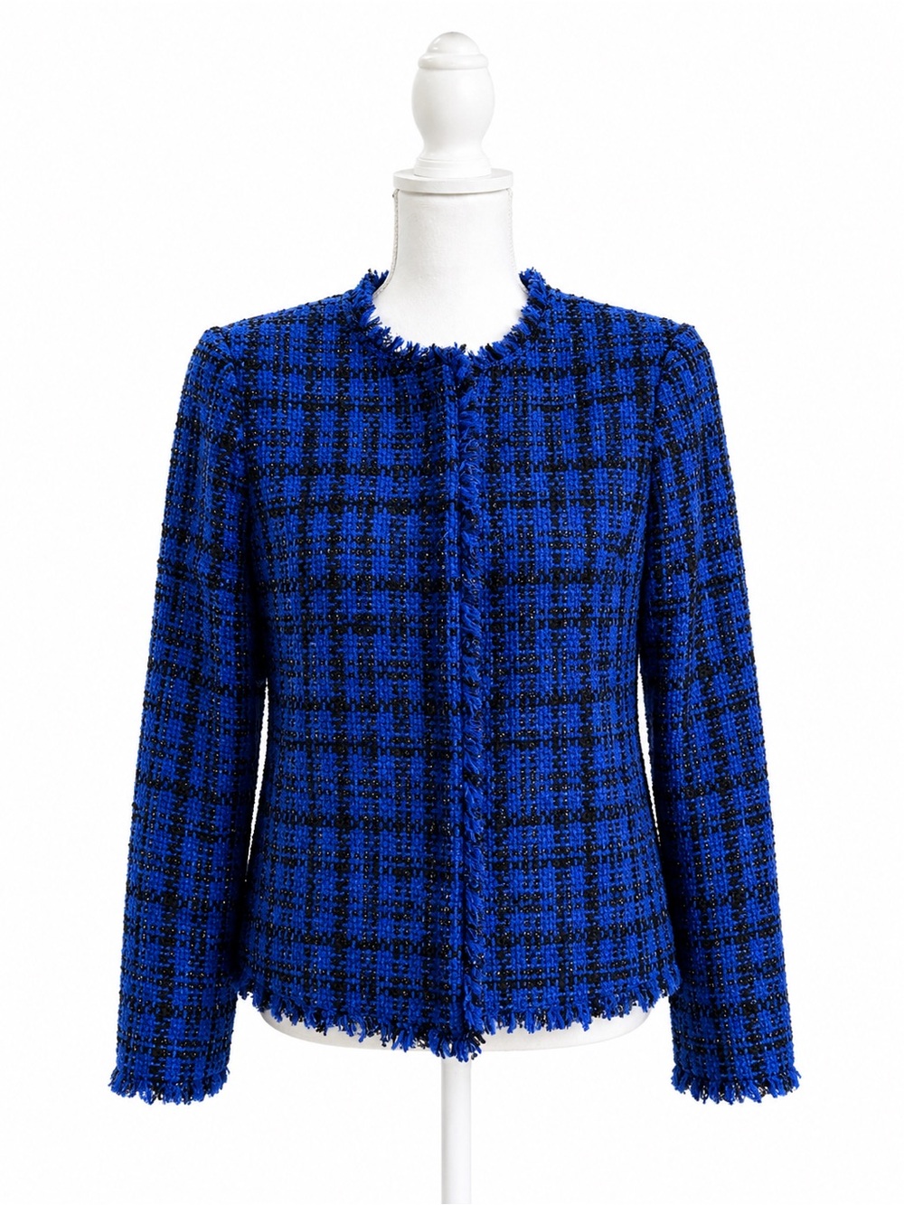 NWT Alice+Olivia Royal Blue and Black Kidman Tweed Jacket w/ Fringe Trim - Picture 2 of 8